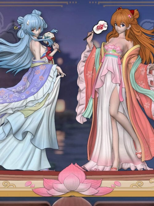 Traditional Dress Asuka Langley Soryu and Rei Ayanami - Collectible Figure Main View