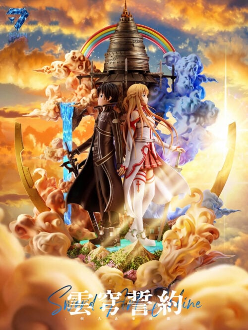 Seven Studio render of Kirito and Asuna standing back-to-back beneath Aincrad and a rainbow, surrounded by clouds and waterfalls.