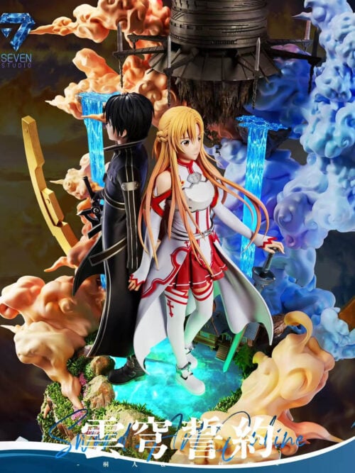Three-quarter render emphasizing Asuna's white-and-red outfit and lowered sword, with Kirito behind her among clouds and blue waterfalls.