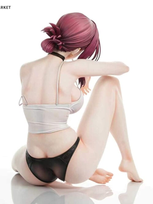 Rear view of the seated Yamada figure showing her purple hair bun, white camisole straps, black underwear and folded leg on a reflective surface.