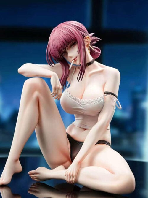 Yamada figure seated barefoot with one knee raised on a reflective surface, wearing a white camisole and black underwear against a blue backdrop.
