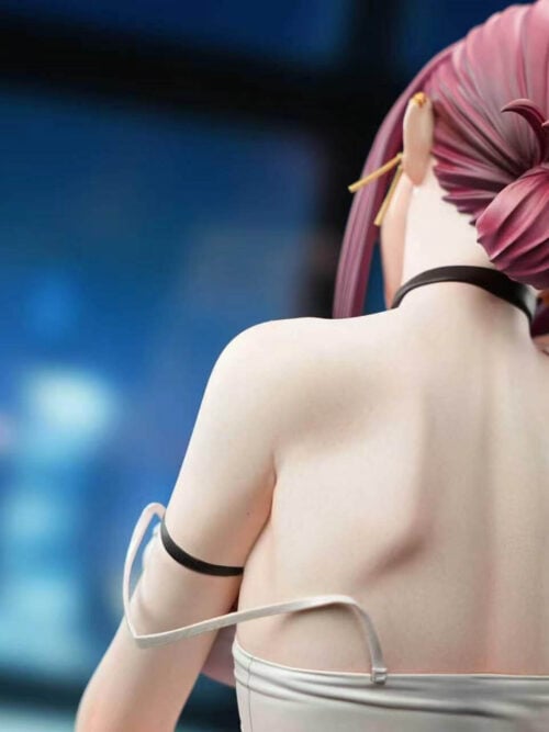 Rear close-up of the Yamada figure's purple hair bun, black choker, upper back and white camisole straps against a blue backdrop.