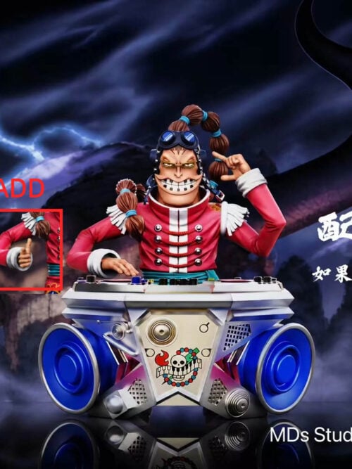 Scratchmen Apoo behind the optional DJ console base with large blue speakers, with an inset showing an alternate hand pose.