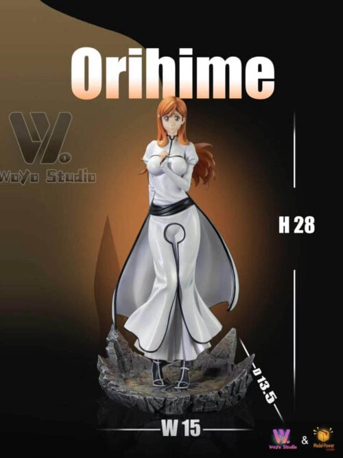 cfs004413 01 Front view of Inoue Orihime in a white outfit on a jagged stone-style base, with H28, W15 and D13.5 dimension labels.