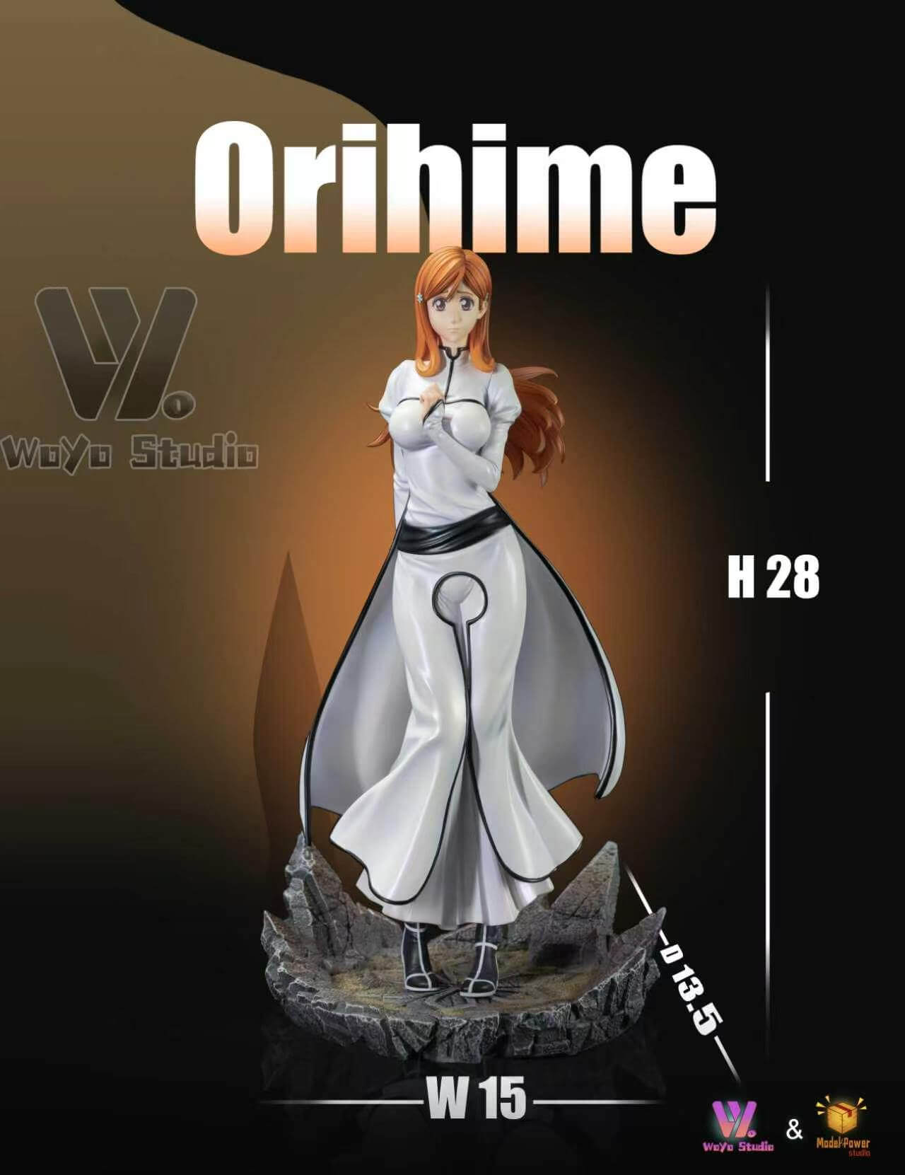 Inoue Orihime — Full Figure Dimensions Front view of Inoue Orihime in a white outfit on a jagged stone-style base, with H28, W15 and D13.5 dimension labels.