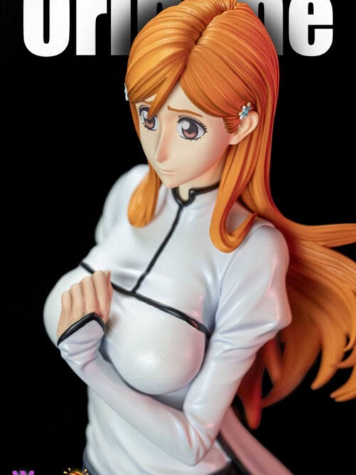 Three-quarter close-up of Inoue Orihime with orange hair, blue flower-shaped hair clips and one hand held near her chest.