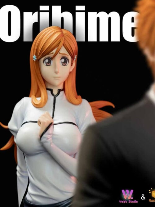 Front portrait of Inoue Orihime with a worried expression and raised hand, partly framed by an out-of-focus figure in black.