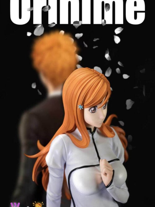 Three-quarter portrait of Inoue Orihime with an out-of-focus orange-haired figure behind her and pale petal-like shapes above.