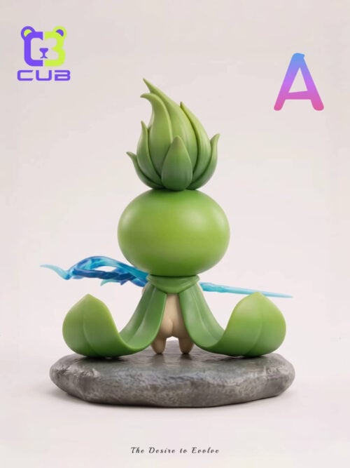 Rear view of Budsquire showing its leafy crest, split green cape and blue weapon above a stone-textured base.