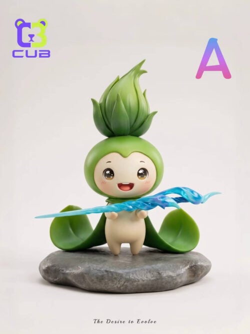 Budsquire with a tall leafy crest and curled green cape, holding a blue weapon on a stone-textured base.