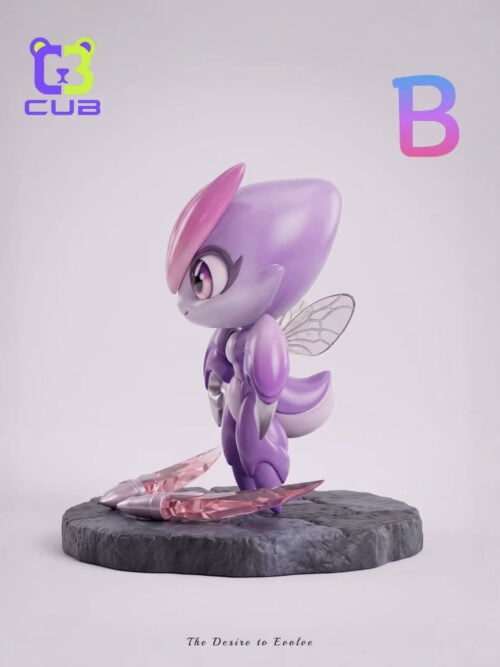 Side view of Wisptis showing a clear veined wing, curved tail and pink blades resting on the base.
