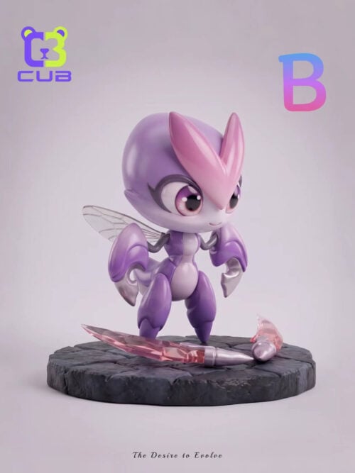 Three-quarter view of purple Wisptis with clear wings and two curved pink blades resting on a dark stone-textured base.