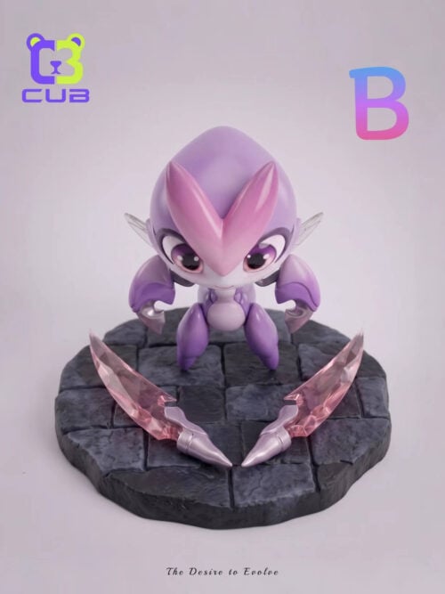 Elevated front view of Wisptis with two curved pink blades arranged on the dark paving-stone base.