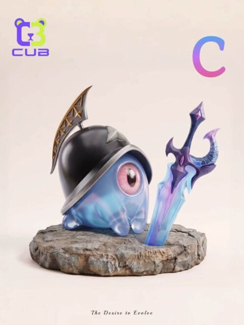 Blue, single-eyed Helmut wearing a black crested helmet beside an upright blue-purple sword on a rocky base.