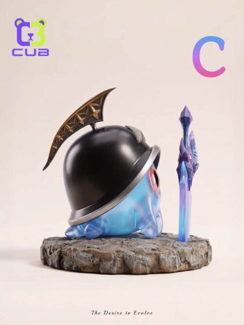 Side view of Helmut beneath a black helmet with a gold-starred crest, facing an upright blue-purple sword.