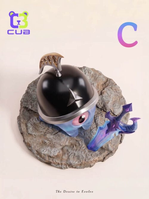Overhead view of Helmut showing its black crested helmet, pink eye and blue-purple sword on a rocky base.