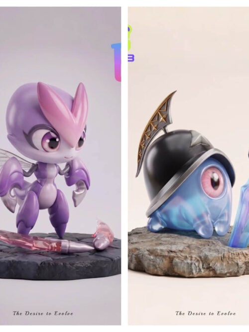 Two-panel image of purple Wisptis with pink blades and blue Helmut wearing a black crested helmet beside a sword.