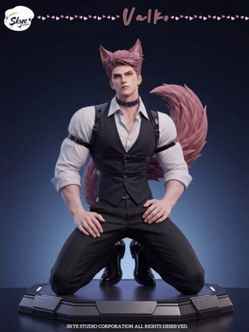 cfs004416 01 Front view of Valko kneeling on a paneled base, with pink hair, pointed ears, a curling tail, white shirt and black waistcoat.