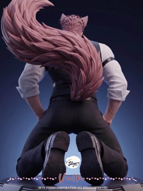 Rear view of kneeling Valko, showing the large layered pink tail, rolled white sleeves, black trousers and boot soles.