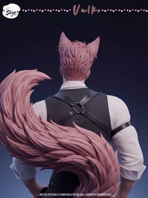 Rear close-up of Valko showing crossed black harness straps over a waistcoat, pink pointed ears and a large curling pink tail.