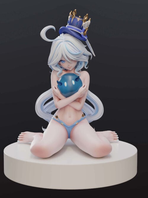 cfs004417 01 Front view of Furina kneeling on a white circular platform, holding a blue slime and wearing a blue-and-gold top hat.