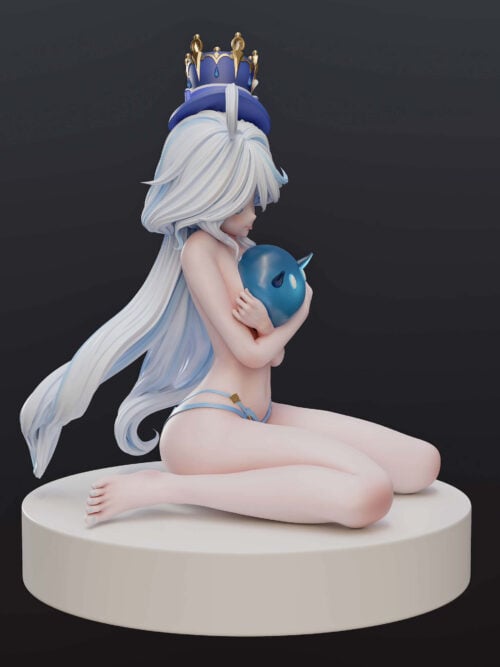 Side view of kneeling Furina holding a blue slime, showing her top hat and long white hair with pale blue streaks.