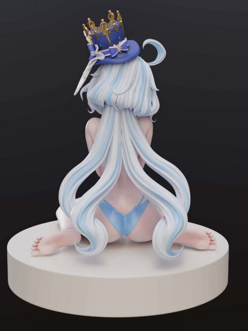 Rear view of Furina wearing a blue-and-gold top hat, with long white and pale blue hair curling toward the circular platform.