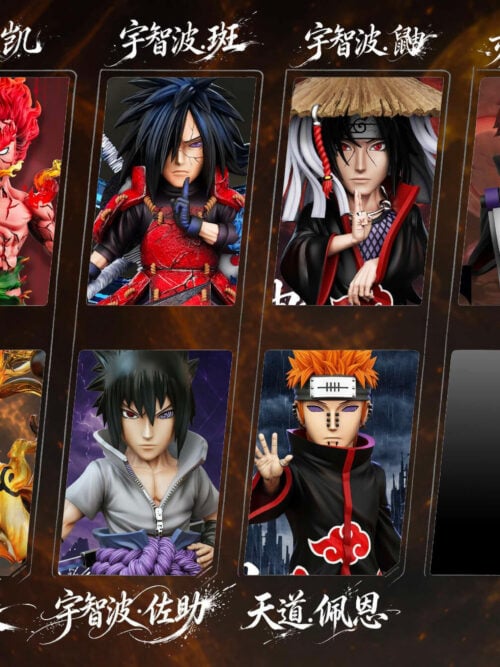 JL Studio Naruto lineup graphic showing ten character portraits, including Pain, Sasori, Itachi, Naruto and Sasuke, with two blank slots.