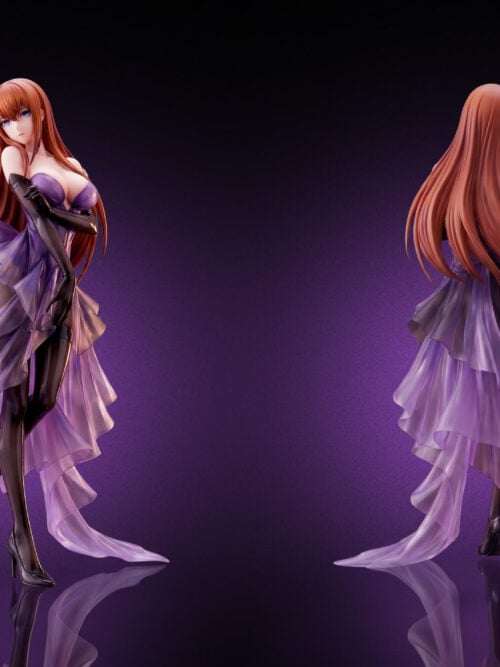 Front and rear views of the same Kurisu Makise figure, showing flowing auburn hair and layered purple dress panels.