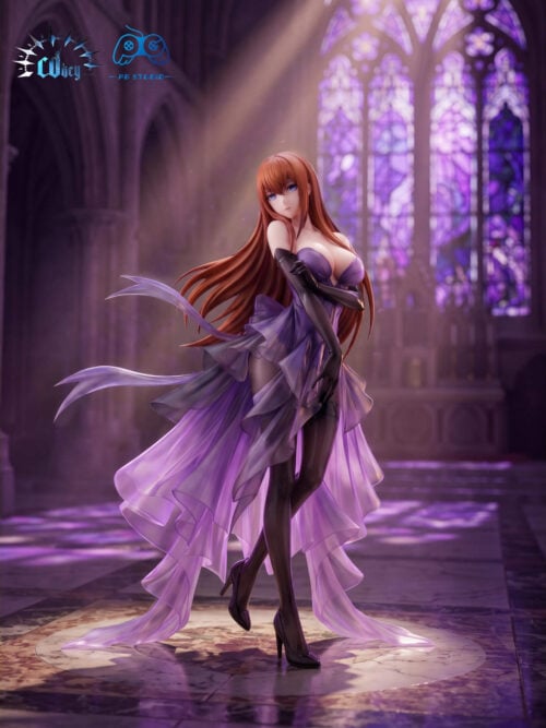Kurisu Makise figure in a ruffled purple evening gown with black gloves and heels, shown against a purple stained-glass backdrop.