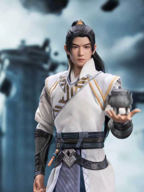 Han Li figure holding the Xutian Cauldron on an open palm, wearing a white and gold robe with dark forearm armor.
