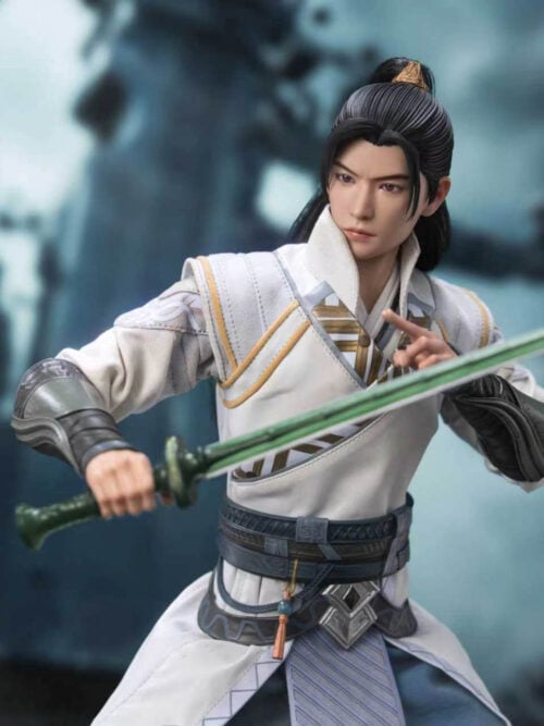 Han Li figure holding a green sword diagonally across his white robe, with the other hand forming a two-finger gesture.