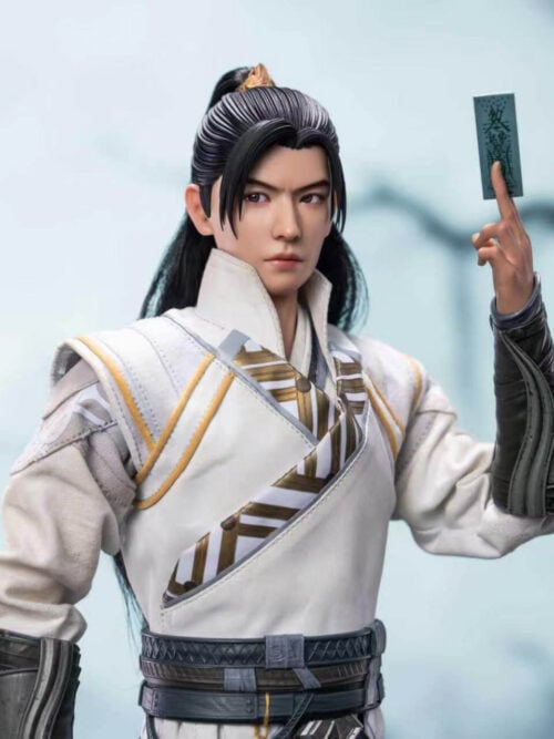 Han Li figure raising a blue-green talisman beside his face, showing the gold-trimmed collar and dark armored forearm guard.