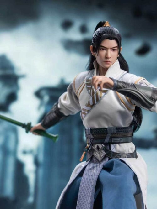 Han Li figure in an action pose with a green sword extended to the left, one forearm raised and a bent knee in blue trousers.