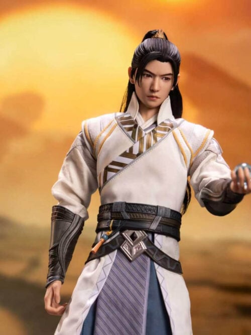 Han Li figure holding a translucent blue pearl against an orange backdrop, wearing a white robe and a broad dark belt.