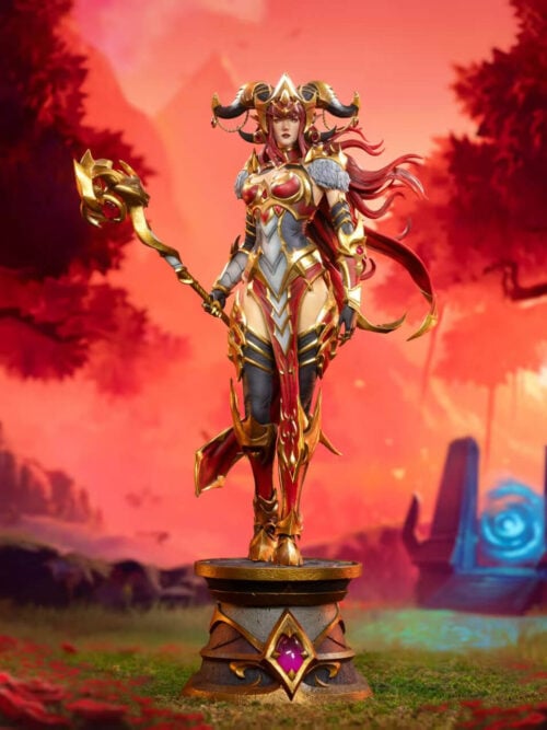 Alexstrasza statue holding a dragon-headed staff on a jeweled pedestal against a red forest backdrop.