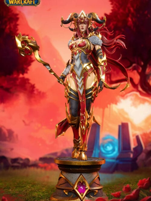 Full-length front view of Alexstrasza with black horns, red-and-gold armor, a dragon-headed staff and a jeweled pedestal.