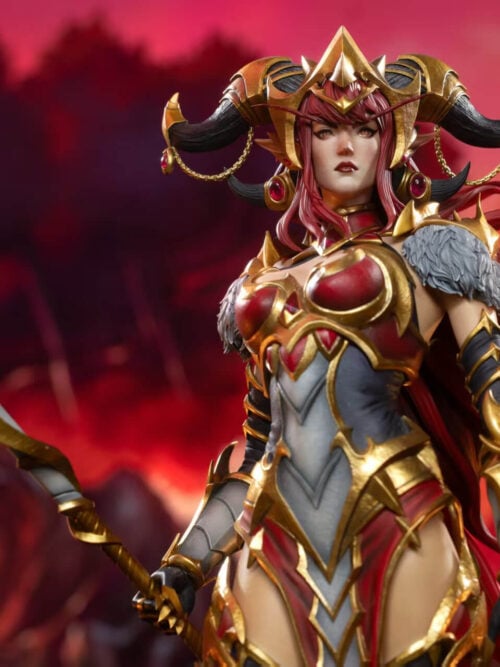 Alexstrasza upper-body view showing her horned crown, swept red hair, gold-trimmed armor and dragon-headed staff.
