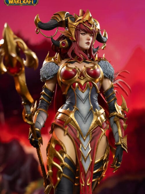 Three-quarter view of Alexstrasza showing her face, horned crown, gray shoulder trim and red-and-gold armor.