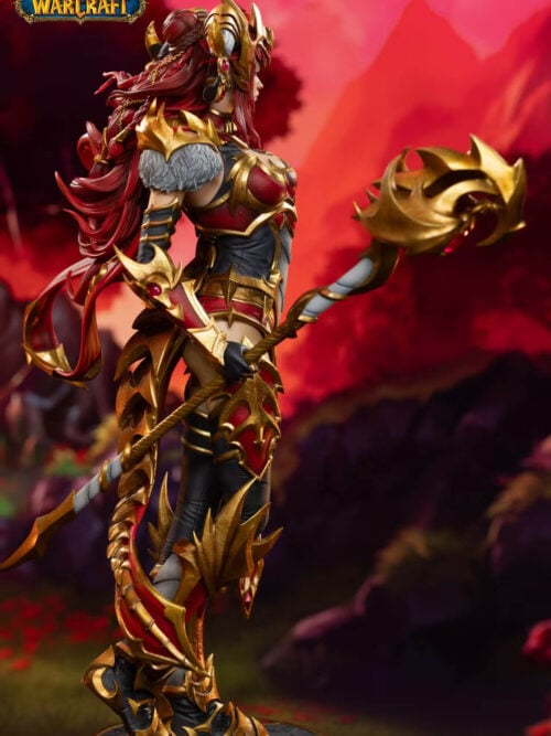 Side view of Alexstrasza holding her staff, with flowing red hair, layered leg armor and the top of the circular base visible.