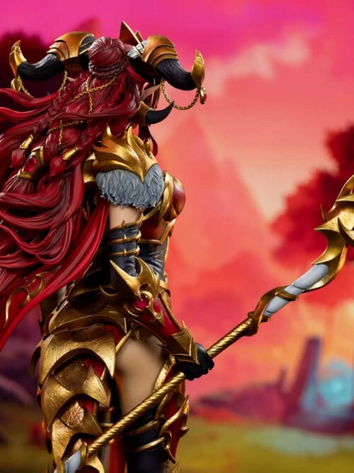 Rear three-quarter view of Alexstrasza showing braided red hair, gold chains, trailing red panels and her staff.