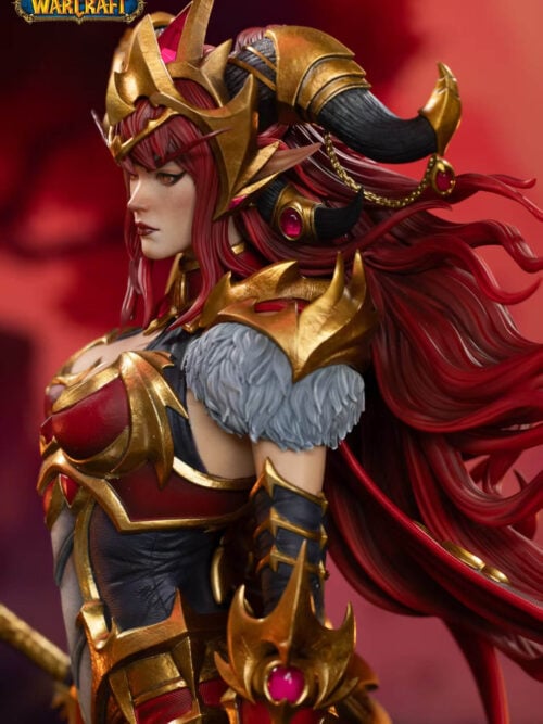 Close side portrait of Alexstrasza with a pointed ear, gold-capped black horn, hanging chain and flowing red hair.