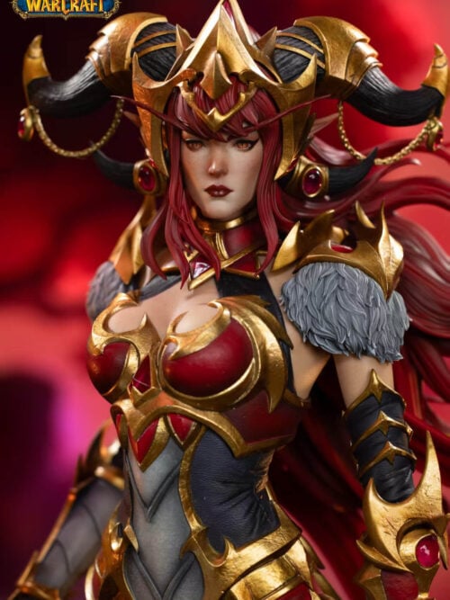 Close-up of Alexstrasza's face framed by red hair, a gold crown, curved black horns and hanging jewel ornaments.
