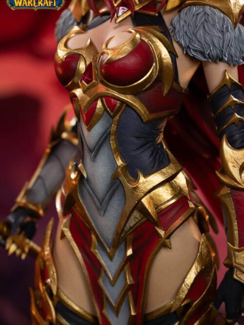 Close-up of Alexstrasza's red breastplate, textured dark torso panels, gray center armor and gold edging.
