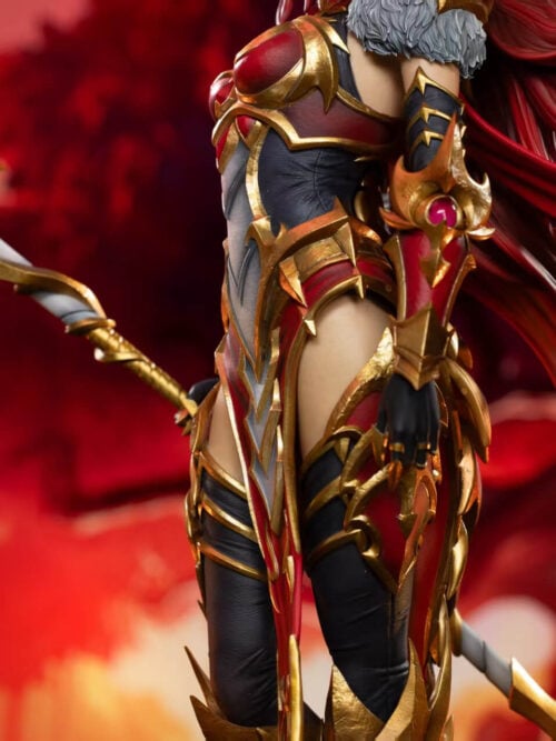 Detail of Alexstrasza's jeweled gold gauntlet, black glove, hip armor and curling red panels beside her staff.