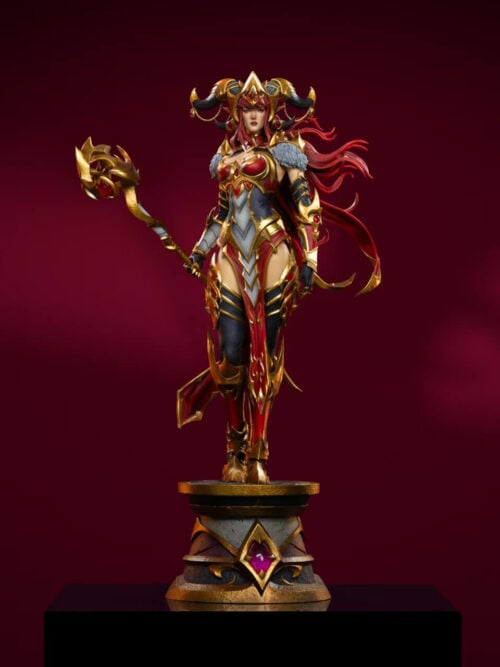 Full front view of Alexstrasza with her staff and jeweled pedestal against a plain burgundy background.