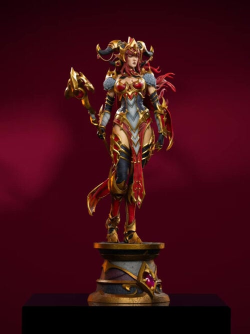 Angled full-length view of Alexstrasza holding her staff on a gold-trimmed pedestal against a burgundy background.