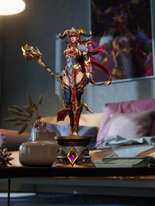Alexstrasza statue displayed on a coffee table in a living room setting, with her staff and full pedestal visible.
