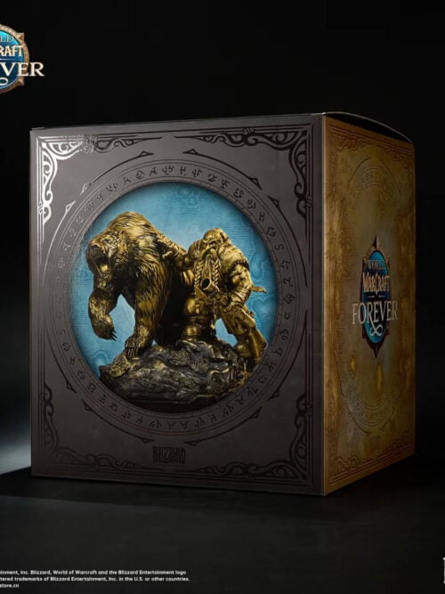 Product box with dwarf hunter and bear statue artwork on the front and a World of Warcraft Forever logo on the gold-colored side.