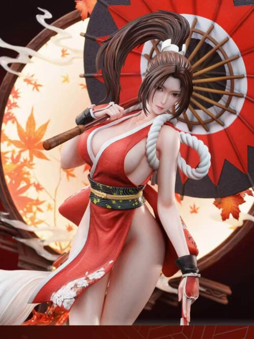 Angled detail of Mai Shiranui resting a parasol over her shoulder, with white rope loops and floral decoration on her red outfit.